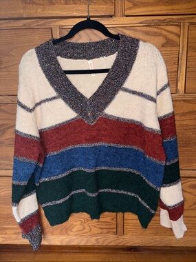 RAGA Striped V-Neck Sweater in Cream, Red, Blue, Green